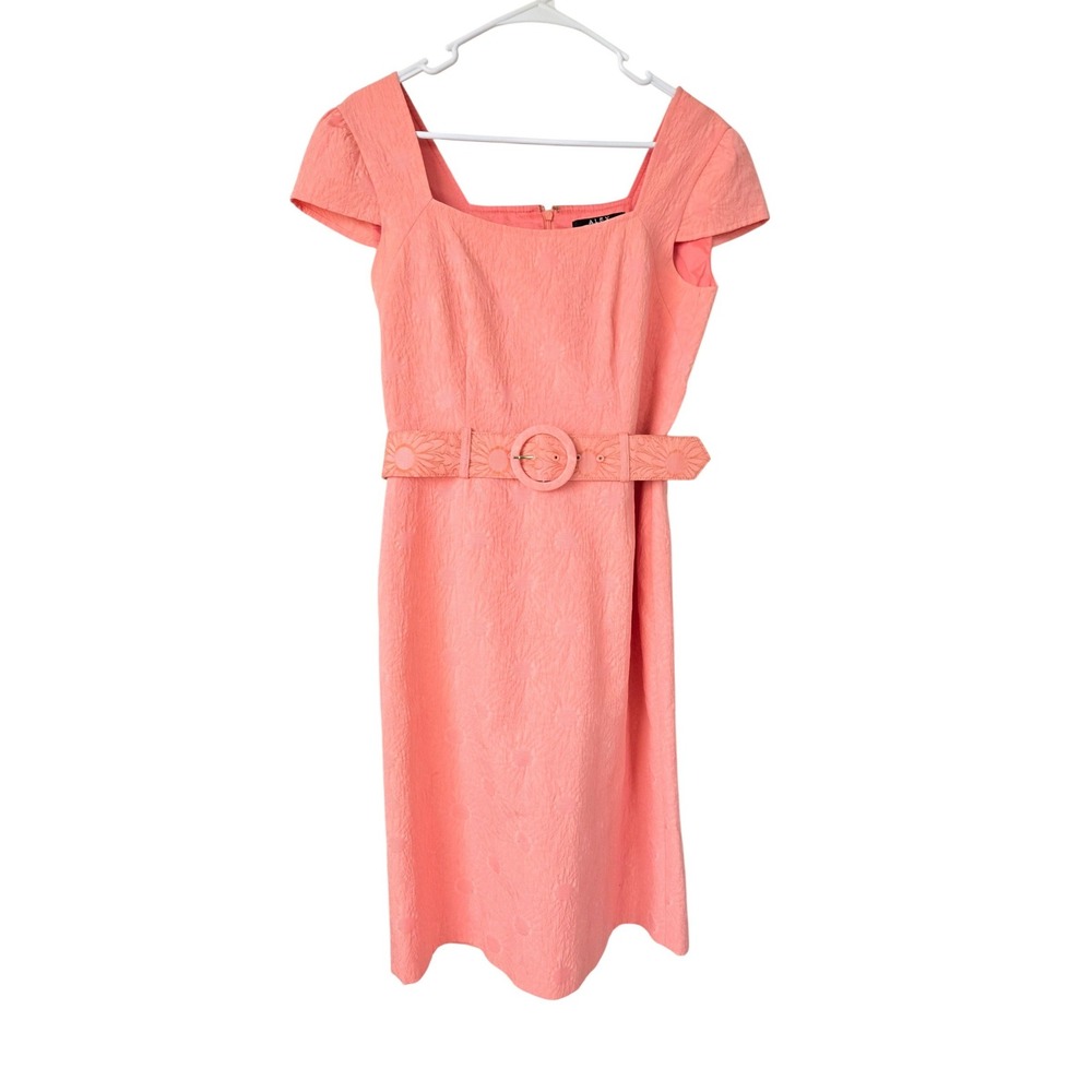 Alex Marie Coral Floral Texture Jacquard Belted Dress Size 6, Mod Twee Retro